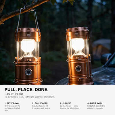 How the gold PullLight works — set it down, pull it open, place it, folds flat away