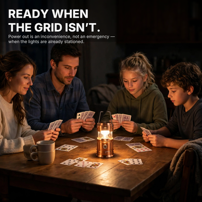 Family playing cards by gold lantern light during an outage