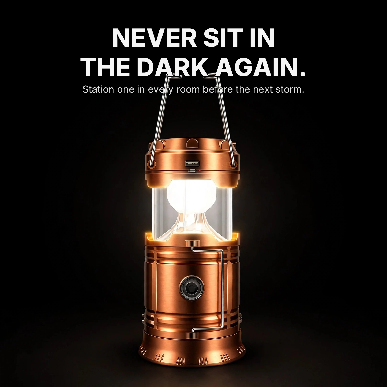 Gold PullLight lantern glowing on black — never sit in the dark again