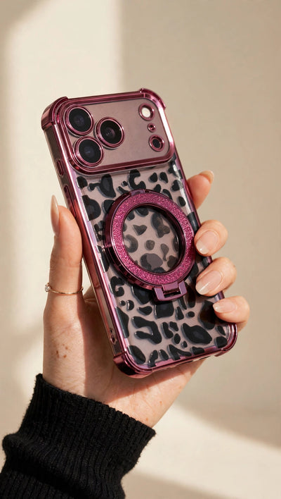 Leopard Ring-Stand Case in Burgundy, held in hand against an ivory backdrop