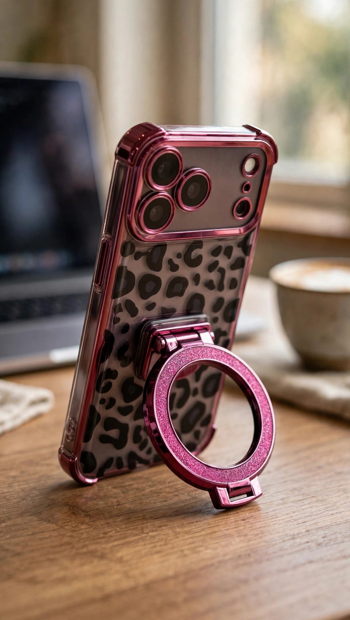 Leopard Ring-Stand Case propped on its flip-out ring stand at a desk