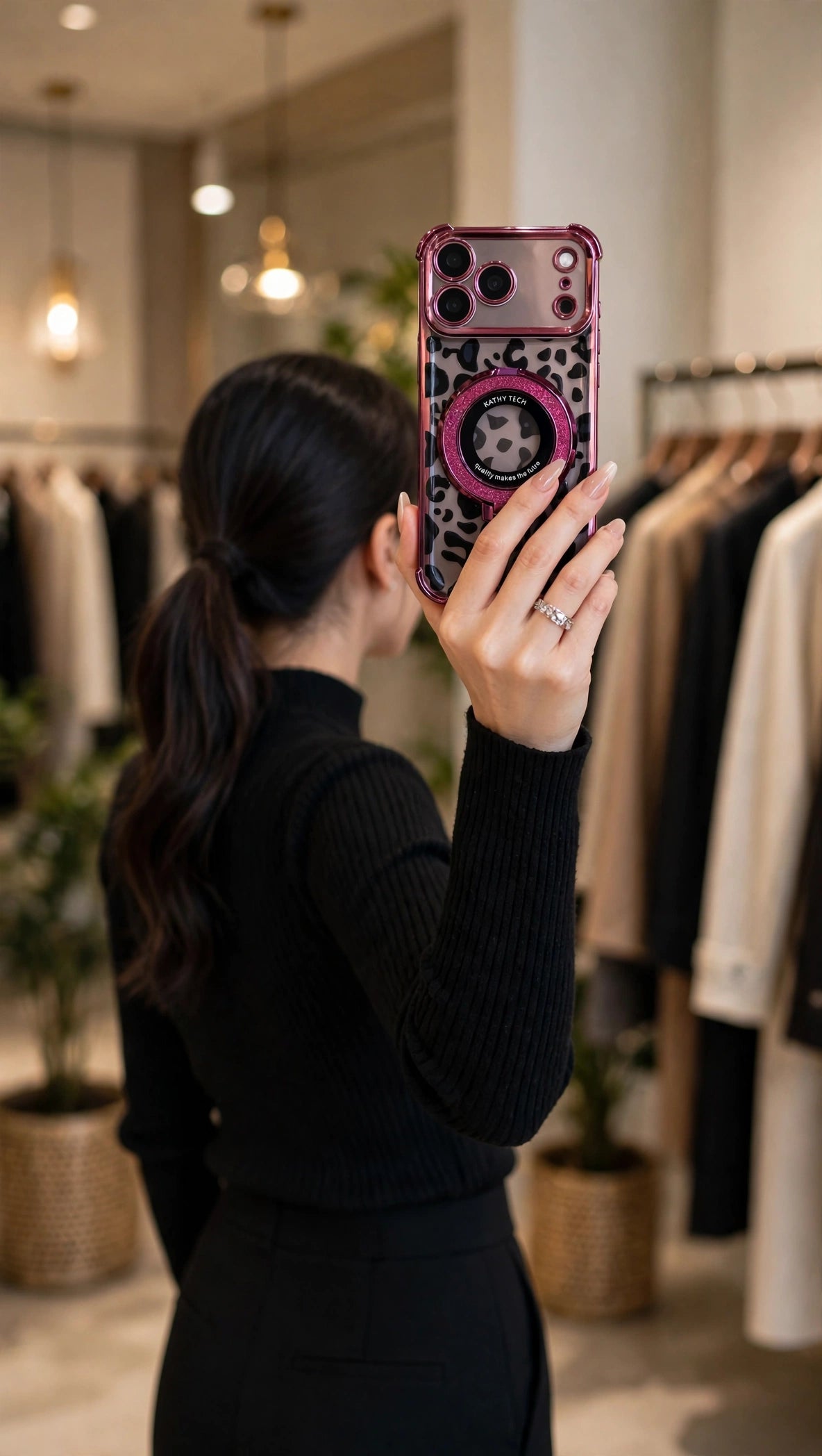 Leopard Ring-Stand Case in Burgundy worn with a black knit outfit