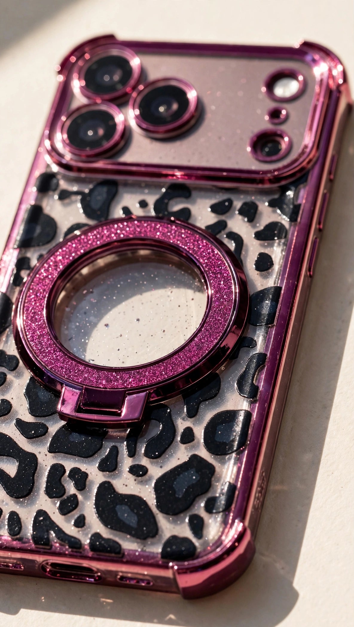 Close-up of the Leopard Ring-Stand Case finish and metallic burgundy frame in daylight