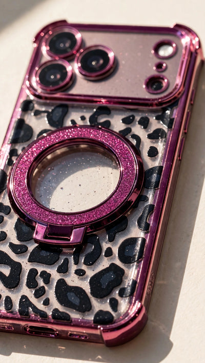 Close-up of the Leopard Ring-Stand Case finish and metallic burgundy frame in daylight